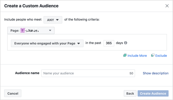 Aizpildiet Facebook lapas piesaistes pielāgotās auditorijas kritērijus.