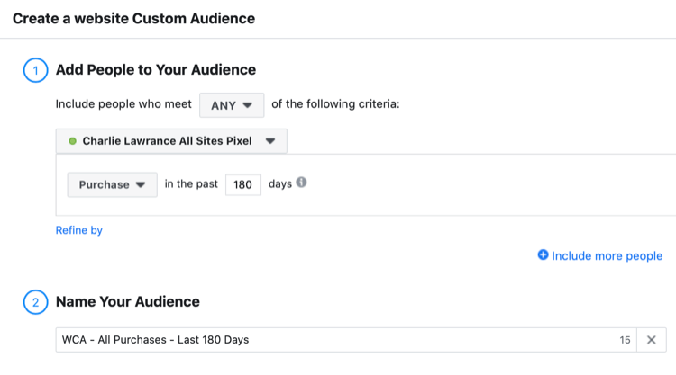 iestatiet Facebook vietnes pielāgotu auditoriju apmeklētājiem, kuri ir iegādājušies pirkumus pēdējo 180 dienu laikā