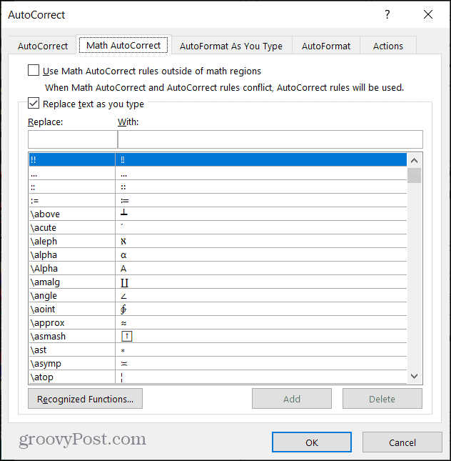 Matemātiskā automātiskā labošana programmā Word