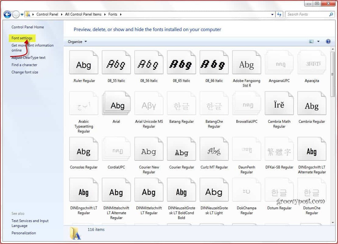 Windows 7 fontu saraksts
