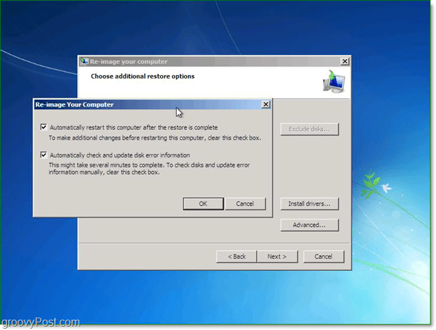 izmantojiet papildu opcijas, lai pielāgotu Windows 7 sistēmas attēla atjaunošanu