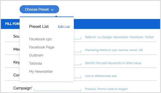 Google URL Builder Chrome paplašinājuma sākotnējie iestatījumi
