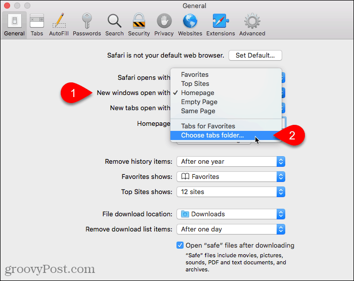 Safari operētājsistēmā Mac atlasiet Izvēlēties cilni mapei Jauni logi, kas atvērti ar iestatījumu