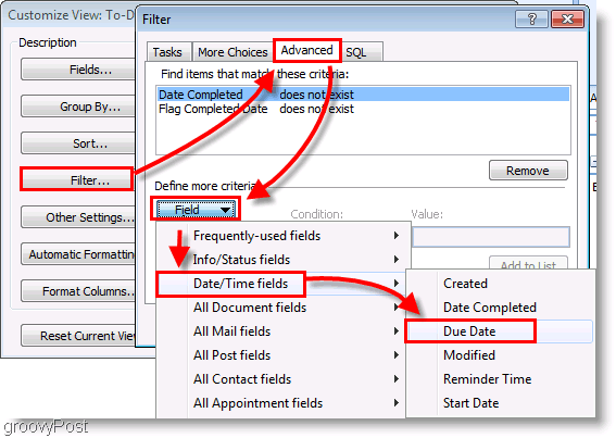 Ekrānuzņēmums: Outlook 2007 uzdevumu joslu iestatīšanas filtrs
