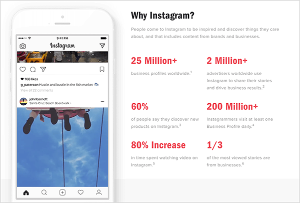 Instagram ir tīmekļa lapa ar nosaukumu “Kāpēc Instagram?” kas kopīgo svarīgu statistiku par Instagram un Instagram Stories for business.