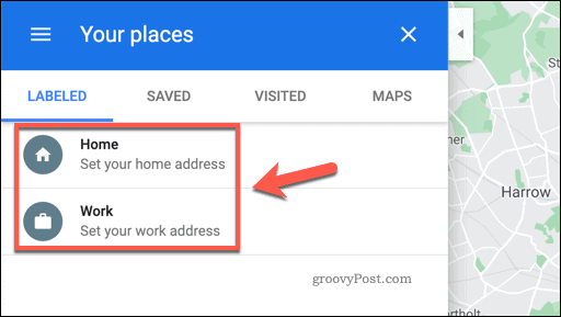Google Maps izvēlne Jūsu vietas
