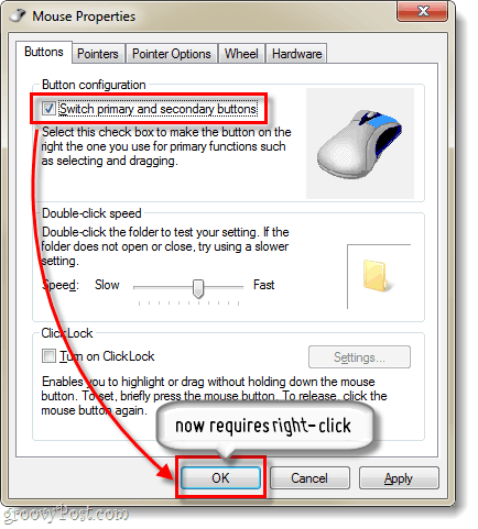 pārslēgt primārās Windows peles pogas
