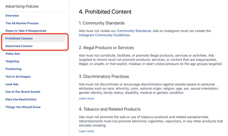 Facebook reklamēšanas politikas sadaļa Aizliegts saturs