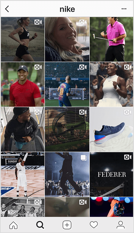 Nike Instagram ziņās ir redzams sportistu režģis, kas valkā Nike aprīkojumu, taču plūsmā ir maz attēlu, kuros ir teksts.