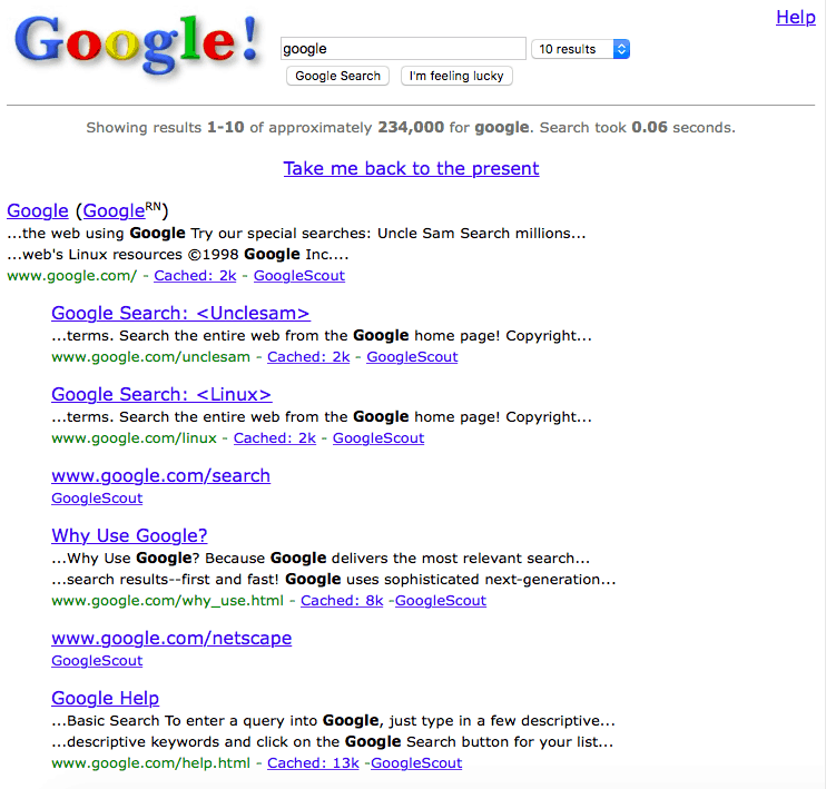Piektdienas izklaide: dodieties atpakaļ uz Web 1.0, izmantojot Google meklēšanu "Google 1998"