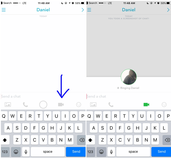 Lai veiktu Snapchat videozvanu, atvērtajā sarunā ar klientu pieskarieties video ikonai.
