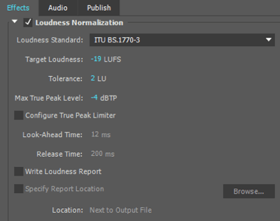 Šos skaļuma normalizācijas iestatījumus es izmantoju, eksportējot audio failu programmā Adobe Premiere.