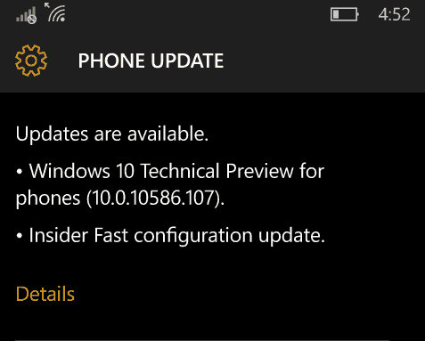 Windows 10 Mobile Insider Preview Build 10586.107 un Release Preview Ring