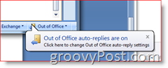 Programmas Outlook 2007 apakšējais labais stūris — atgādinājums par iespējotām ārpus biroja automātiskajām atbildēm