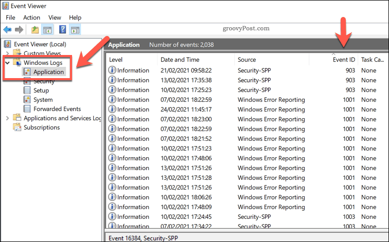 Windows lietojumprogrammu žurnālu saraksts notikumu skatītājā