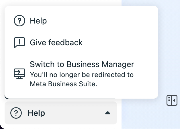 Meta Business Suite opcijas Pārslēgties uz biznesa pārvaldnieku attēls