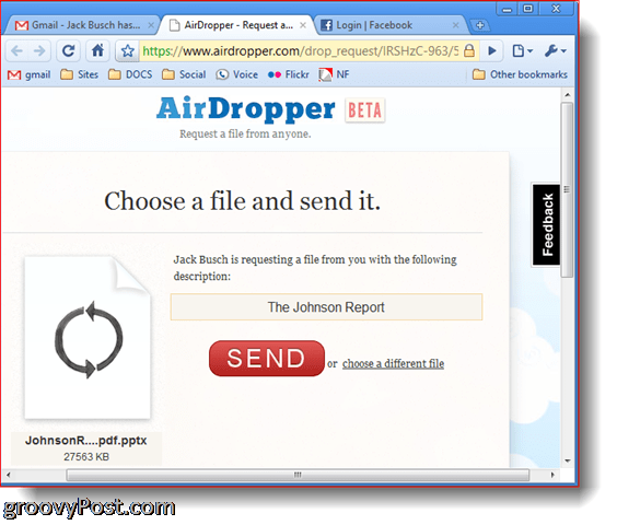 AirDropper Dropbox - izvēlieties failu, kuru sūtīt