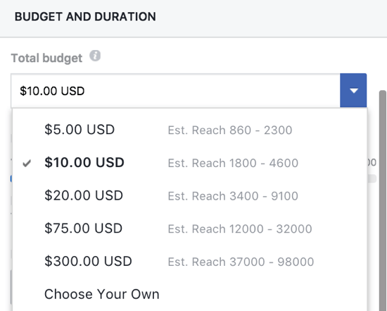 Jūs varat manuāli iestatīt budžetu savai Facebook palielinātajai ziņai.