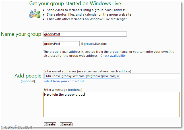 izveidot Windows Live grupu