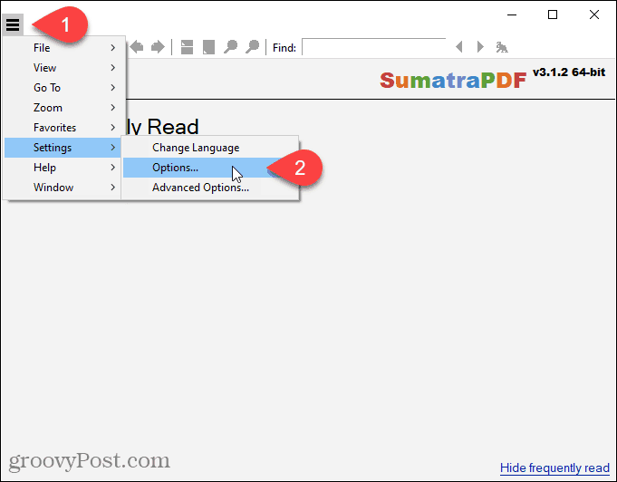 SumatraPDF atveriet Iestatījumi> Opcijas