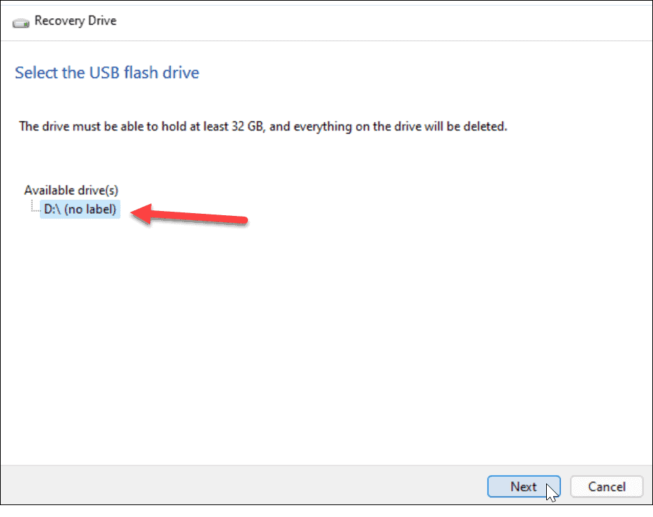 izvēlieties atkopšanas disku Windows 11