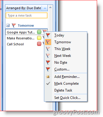 Outlook 2007 uzdevumu josla — ar peles labo pogu noklikšķiniet uz karoga, lai atvērtu opciju izvēlni