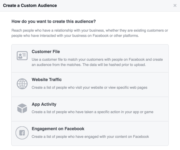 Izvēlieties avotu, kuru vēlaties izmantot savai Facebook pielāgotajai auditorijai.