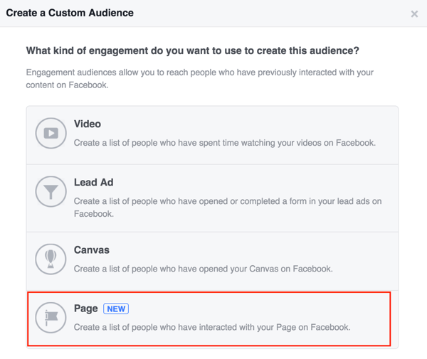Izvēlieties Lapa, lai izveidotu savu Facebook pielāgoto auditoriju.