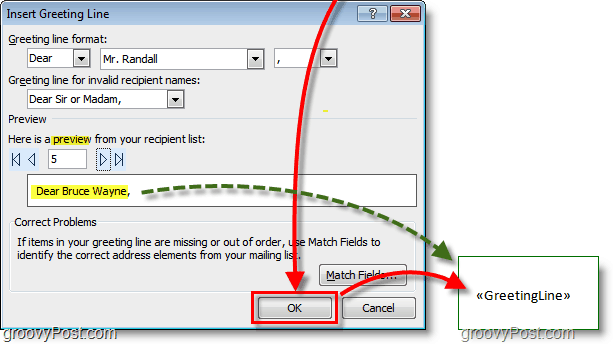 Outlook 2010 ekrānuzņēmums - atstājiet noklusējuma sveiciena līnijas opcijas un noklikšķiniet uz Labi, tiek parādīts arī priekšskatījums
