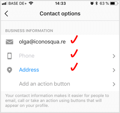 pievienojiet Instagram biznesa konta kontaktinformāciju
