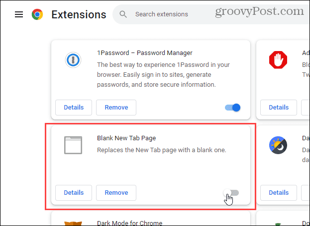 Atspējojiet paplašinājumu Blank New Tab Page pārlūkā Chrome