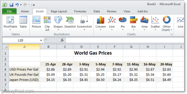 Pasaules gāzes cenu salīdzināšanas tabula programmā Excel 2010