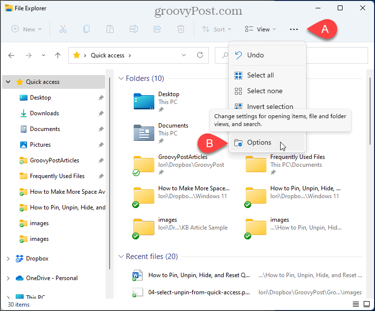 Programmā File Explorer atlasiet Opcijas