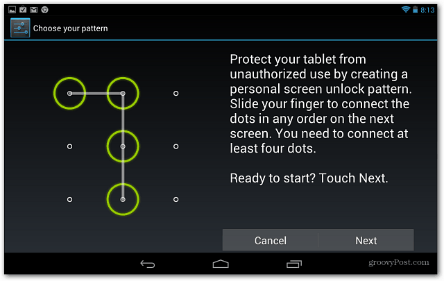 Google Nexus 7 planšetdatorā iestatiet ekrāna bloķēšanu