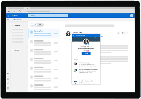 LinkedIn tagad sniegs bagātīgu ieskatu, piemēram, profila attēlus, darba vēsturi un citu informāciju tieši no Outlook.com lietotāja personīgās iesūtnes.
