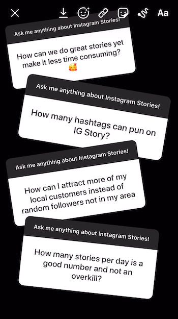 pievienojiet vairākas jautājumu uzlīmes atbildes Instagram stāsta attēlam