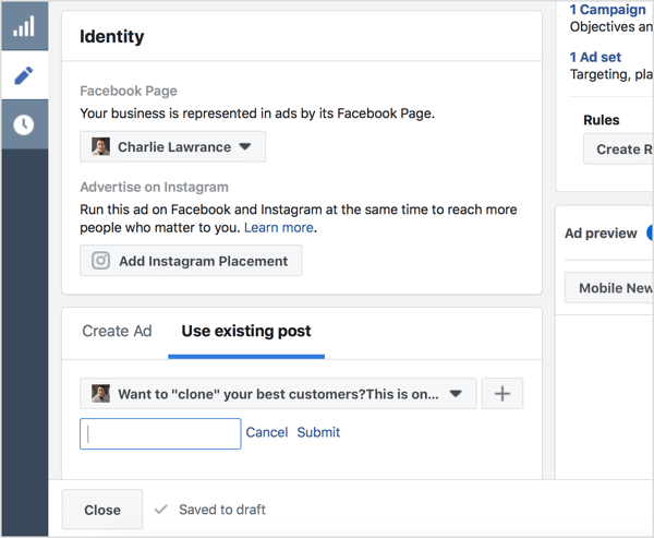 Atlasiet Use Existing Post un ievadiet Facebook ziņas ID.