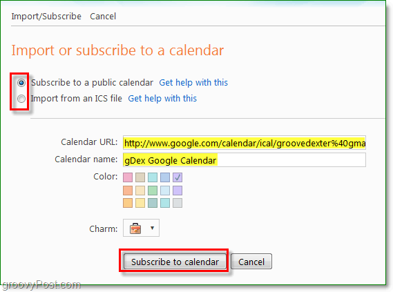 importēt vai abonēt vai pievienot kalendāru Windows Live