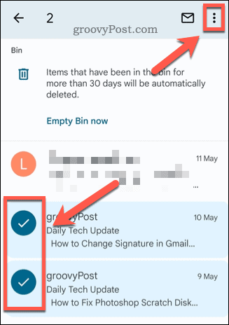 E-pasta ziņojumu atlasīšana Gmail miskastes mapē