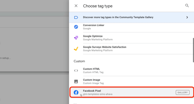 Google tagu pārvaldnieka jauna taga piemērs ar izvēlnes taga veidu izvēlni un facebook pikseļu opciju, kas iezīmēta zem pielāgotās sadaļas