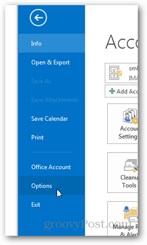 Outlook 2013 - atspējot laika apstākļus kalendārā - noklikšķiniet uz Opcijas