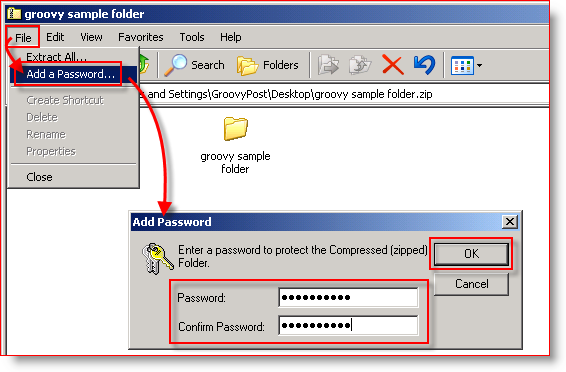 Iebūvēta kompresija Windows XP - pievienojiet paroli