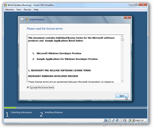 VirtualBox Windows 8 eula pieņem licenci