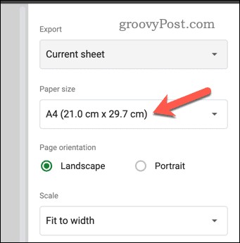 Iestatiet papīra izmēru Google izklājlapu drukas priekšskatījumā