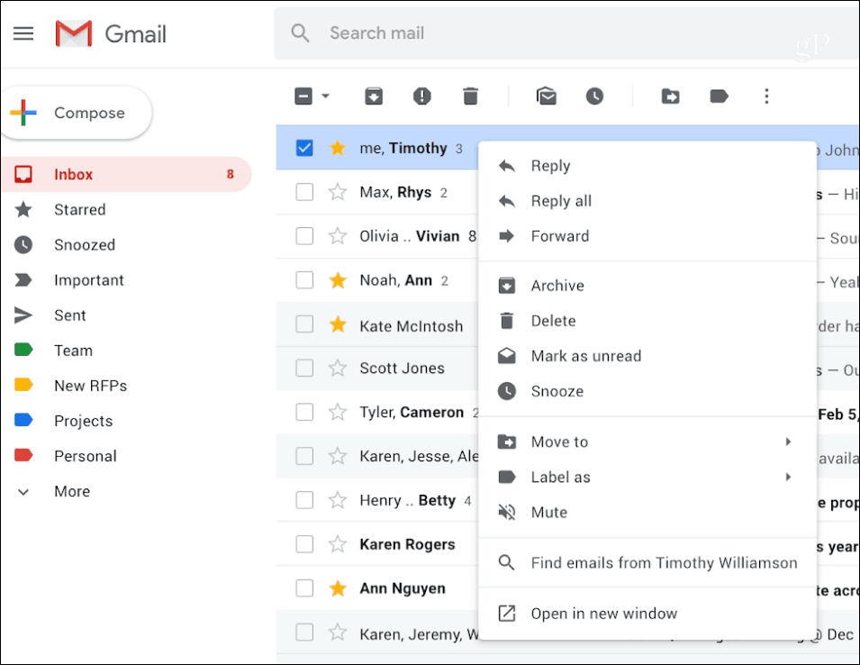 Gmail ar peles labo pogu noklikšķiniet uz konteksta izvēlnes