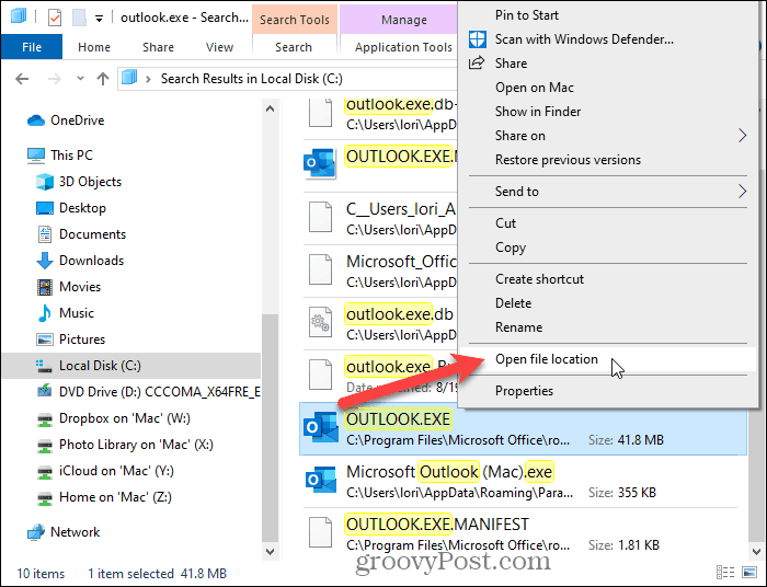 Programmā File Explorer atlasiet Atvērt faila atrašanās vietu