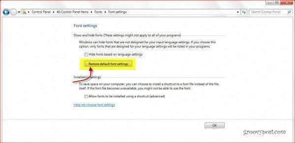 Atjaunojiet Windows 7 fontus noklusējuma iestatījumos