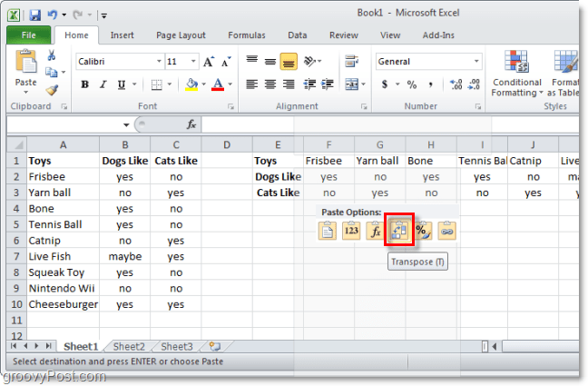 ielīmējiet programmā Excel, izmantojot transponēšanu
