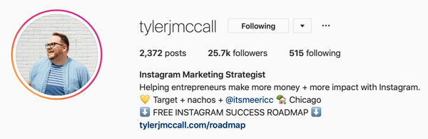 Instagram biznesa profila attēla un biogrāfiskās informācijas piemērs: @tylerjmccall.