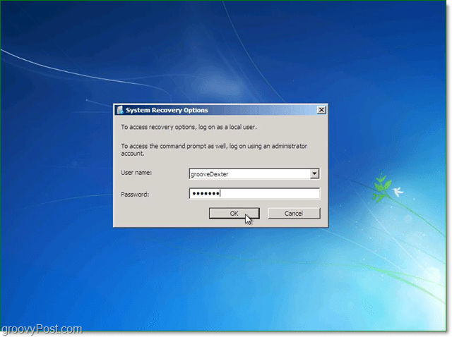 ievadiet savu lietotājvārdu un paroli Windows 7 sistēmas atkopšanai